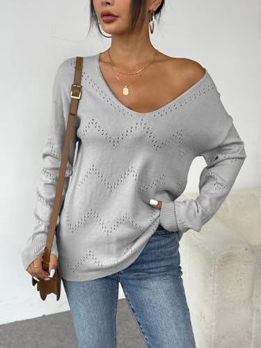 Image of Zeagoo Womens Sweaters Fall Trendy Casual Long Sleeve Shirt Lightweight V Neck Off Shoulder Crochet Pullover Top Outfit