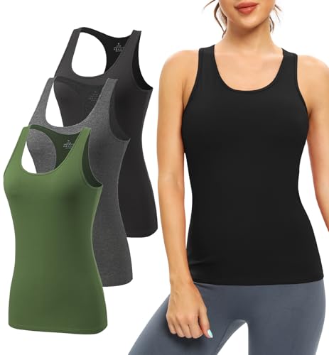 Image of Ymmchy Women Racerback Tank Top with Built in Shelf Bra Athletic Vest 3 Pack Black/Dark Grey/ArmyGreen S