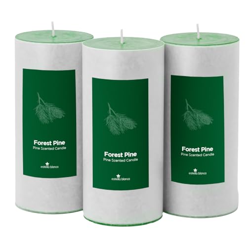 Bougies piliers vertes parfumées au pin forestier | Lot de 3 pour décoration de Noël 7,6x15,2 cm