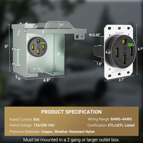 Image of 50 Amp EV Charging Receptacle /Nema 14-50 EV Outlet with Waterproof Box Kit: Weather Resistant Straight Blade, U-Shaped Brass Clamp -Industrial Grade, 3-Pole 4-Wire Grounding,125 /250V,ETL Listed