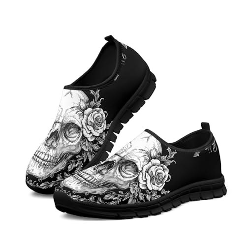 Skull Print Slip On Sneakers for Women Walking Shoes Breathable Mesh Casual Tennis Shoes