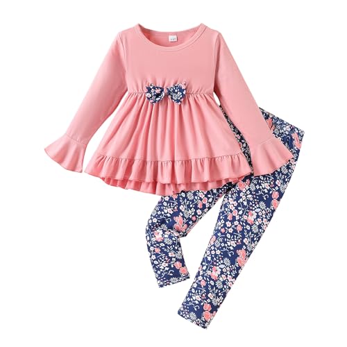 Toddler Girl Clothes 4-8Years Girls Outfit, Long Sleeve Ruffle Bowknot Top+Floral Pants 2Pcs Fall Set