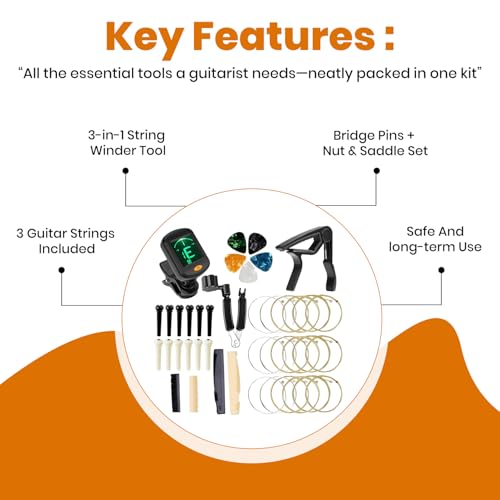 Image of IMAGINEA Acoustic Guitar Accessories Tool Kit Including 3 Guitar Strings, Tuner, Capo, 3 in1 Resetting Winder Tool, Bridge Pins, Guitar Nuts Saddle (Black and White) & 5 Picks