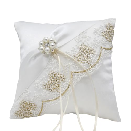 Fictory Cuscino per fedi nuziali, 20 x 20 cm, in tessuto di raso con design in pizzo, elegante cuscino porta anelli per cerimonia, cuscino decorativo bianco per feste di nozze