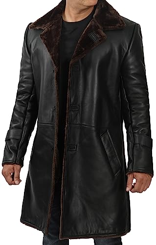 Image of fjackets Shearling Leather Coat Men - Real Lambskin Leather Jackets Mens Sherpa Lined Winter Casual Fur Coats Outerwear