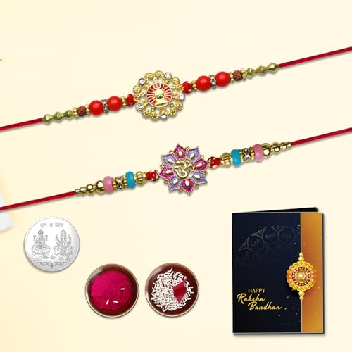 Image of Oblivion Shiva Design Rakhi Set of 2 for Brother in Purple Floral Finish with Silver Colour Coin, Pooja Coin, Tilak Set and Greeting Card for Raksha Bandhan