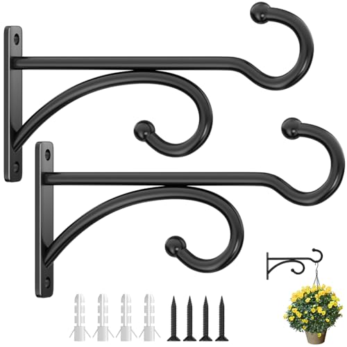 2 Pcs 15cm (6 Inches) Planter Hooks for Hanging Plants - Plant Hanger Hook Indoor Outdoor Plant Wall Hooks Brackets for Hanging Plants Baskets Wind Chime Bird Feeder Bird House (Black Metal)