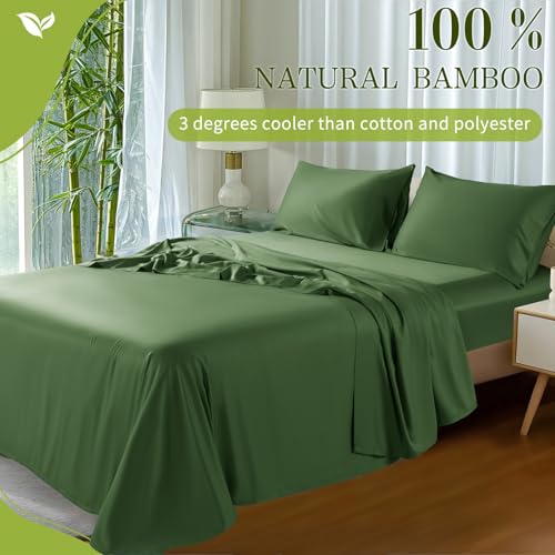 Shilucheng 100% Viscose Derived from Bamboo_ Sheets King Size 4pcs - Ultra Cooling & Silky Soft Bed Sheets, 16" Deep Pocket, Perfect for Hot Sleepers, Hotel Bedding Sheets (Olive)