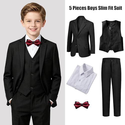 Image of Boys' Formal Suit 5 Piece Slim Fit Suits for Boy Kids Tuxedo Toddler Wedding Ring Bearer Outfit Teen Communion Dress