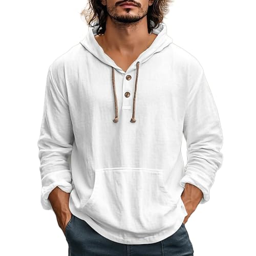 Xiaojmake Linen Hoodie Shirts for Men Lightweight Button Up Long Sleeve Sweatshirt Loose Fit Breathable Beach Shirts Jackets