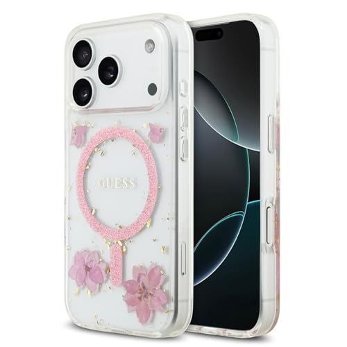 CG MOBILE Guess Coque de protection en résine avec fleurs à paillettes compatible avec MagSafe pour iPhone 17 Pro (rose)