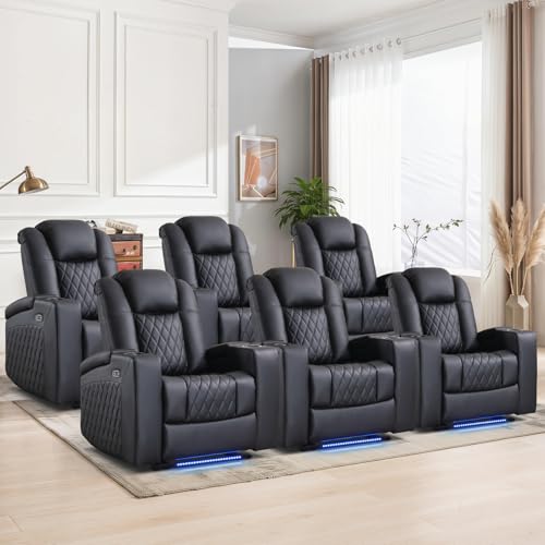 ANJ Home Theater Seating Power Recliner Set of 6 with Arm Storage Faux Leather Recliner Sofa with LED Light Electric Movie Reclining Chairs with USB Ports & Cup Holders for Media Living Room Black