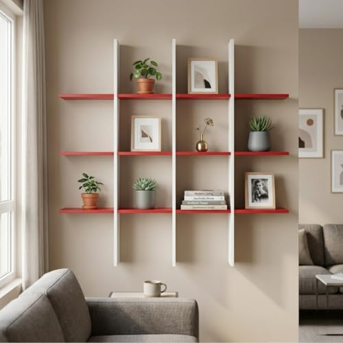 Image of Modern Wooden Wall Shelf for Living Room & Bedroom - Decorative Wall Mounted for Books, Showpieces & Home Decor - Multi-Compartment Floating Wall Organizer RED & White