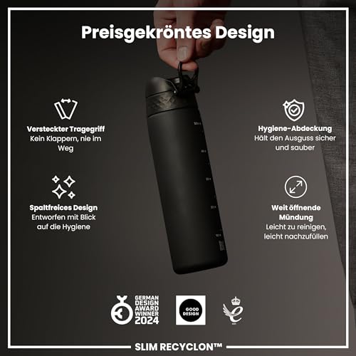 ion8 Trinkflasche, 500 ml, Auslaufsicher, Einhandöffnung, Sichere Verriegelung, Spülmaschinenfest, BPA-frei, Tragegriff, Klappdeckel, Leicht zu Reinigen, Klimaneutral, Schwarz