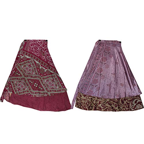 Wholesale 2 Pcs Lot Two Layers Women's Indian Sari Magic Wrap Around Long Skirt (Lot-4)
