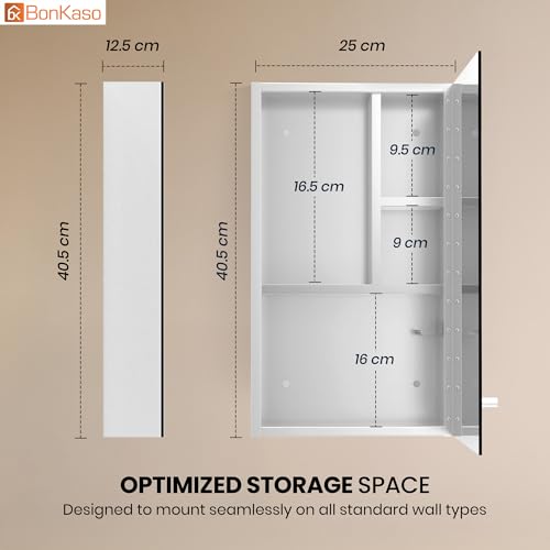 Image of BonKaso Premium Bathroom Cabinet with Mirror | 304 Stainless Steel Wall-Mounted Mirror Cabinet for Wash Basin & Bathroom Storage (10x16 Inch, Chrome Finish)