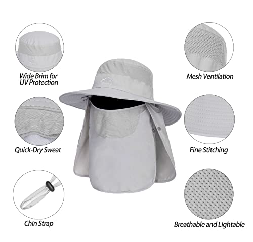 Fishing Hat For Men, Outdoor 3 In 1 Sun Hat Summer Wide Brim Safari Hat Boonie Hat With Neck Flap Light Grey #TOP2