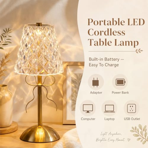 Image of Liliful 2 Pcs Cordless Table Lamp Rechargeable Touch LED Small Gold Portable Battery Operated USB-c Desk Lamp 3 Color Dimmable for Bedroom Living Room Dining (Gold,Diamond Style Bow)