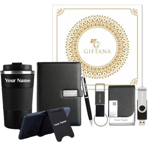 Image of Giftana Personalized Pen with Diary, Keychain, Card Holder, Mobile Stand, Pen Drive, Coffee Tumbler Set with Name 7 in 1 Personalised Gift for Husband,Father,Diwali Corporate Gift for Employee- Black