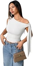 Solid Asymmetrical Shoulder Tie Strap Crop Top for Women