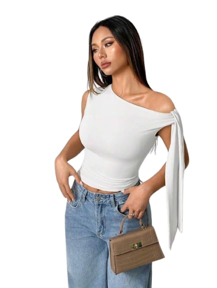 Image of TIVANTE Solid Asymmetrical Shoulder Tie Strap Crop Top for Women