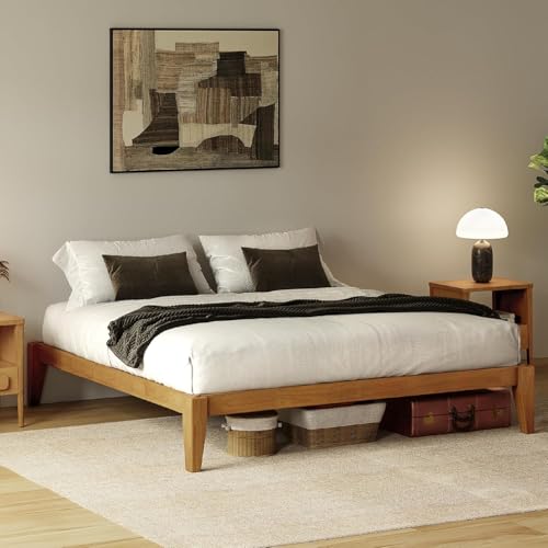 AllForWood Thor Premium Solid Wood Bed Frame Full Japanese Joinery Bed Frame with Wood Slat Support Platform Bed No Box Spring Needed Easy Assembly Minimalist & Modern Style (Light Brown)
