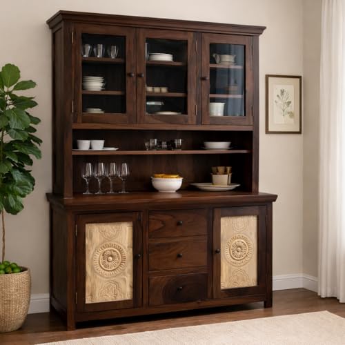 Image of ANGEL FURNITURE Sheesham Wood Kitchen Cabinet, 72 inch Height, Glass Doors, 3 Drawers, Mandala Design, Natural Brown (Walnut Finish)