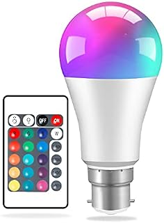 Colour Changing Bulb B22 10W Dimmable, RGBW LED Light Bulbs Mood Lighting with 24key Remote Control, Dual Memory Function,16 Color Choices for Home Decoration