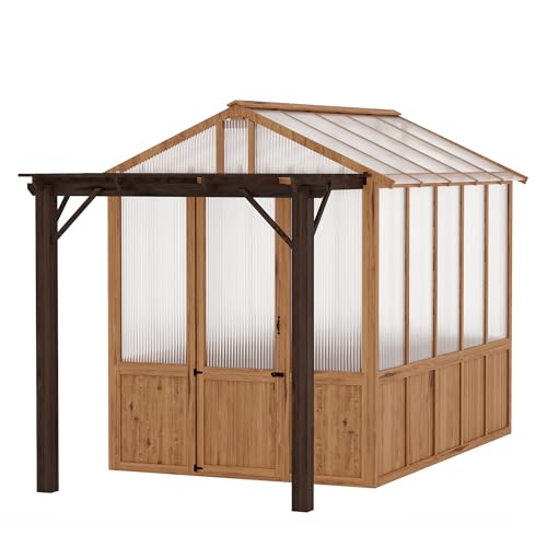 8x13FT Wooden Greenhouse with Pergola – Cedar Frame, Roof Vent & Polycarbonate Walk-in Greenhouse for Outdoor