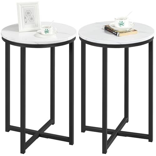 Yaheetech Round End Table Set of 2,16in Faux Marble Accent Table,Modern Side Table with Marble Top and Metal Frame,Small Coffee Table Telephone Table for Living Room/Small Space,Black