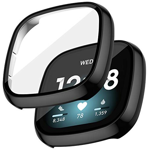 NANW Screen Protector Compatible with Fitbit Versa 3/Sense, Full Coverage Protective Bumpers with Tempered Glass, PC Sensitive Touch Screen Covers for Versa 3 /Sense Smart Watch Only, Black