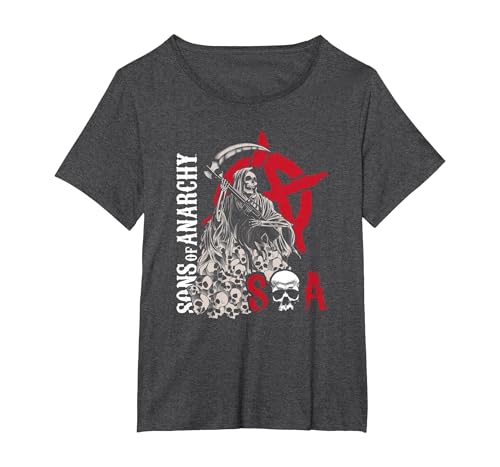 Image of Sons of Anarchy Grim Reaper Pile of Skulls Biker TV Show T-Shirt, Women's Plus, Dark Heather Grey, 2X
