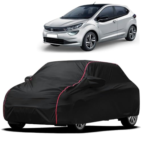 Image of Waterproof Car Cover for Tata Altroz | All-Weather Protection, Dustproof & UV Resistant | Triple Stitched Mirror Pockets, Windproof Buckle Strap with Elastic Hem, Black-Red Piping