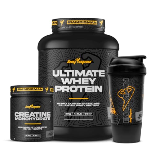 Pack BigMan Ultimate Whey Proteína 2kg + Creatina 300Gr + Shaker PRO | Fuerza, Resistencia | Masa Muscular | Tonificación Muscular | Recuperación Deportiva (2 KILOS, Dubai Chocolate)