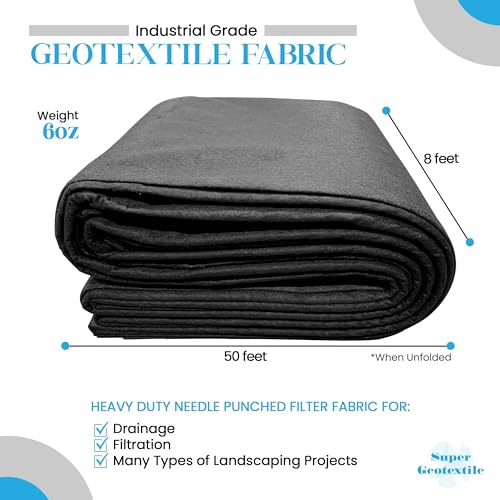 Super Geotextile 4, 6, 8 oz Non Woven Fabric for Landscaping, French Drains, Underlayment, Erosion Control, Construction Projects - 6 oz (8X50)