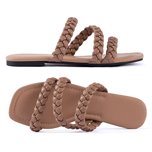 Image of Mtzyoa Women's Strappy Flat Sandals with Toe Ring | Lightweight Walking Slides | Summer Beach Wedding Shoes | Black | Casual Dressy Vacation