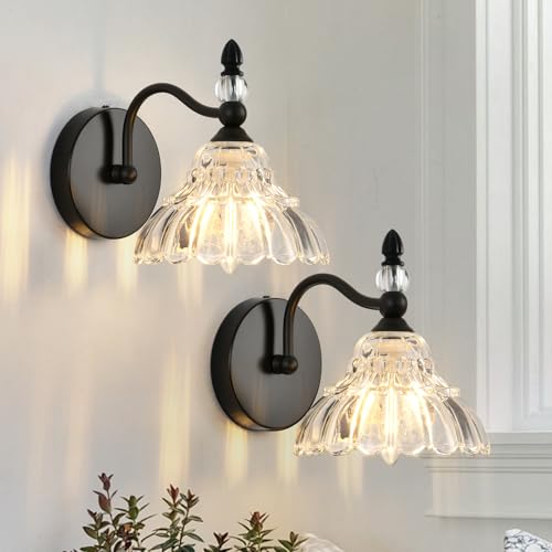Image of Vintage Wall Sconces, Black Bathroom Sconces Set of 2, Indoor Hardwired Wall Lighting Modern Crystal Bedside Wall Lamp with Floral Glass Shade for Mirror Living Room Hallway