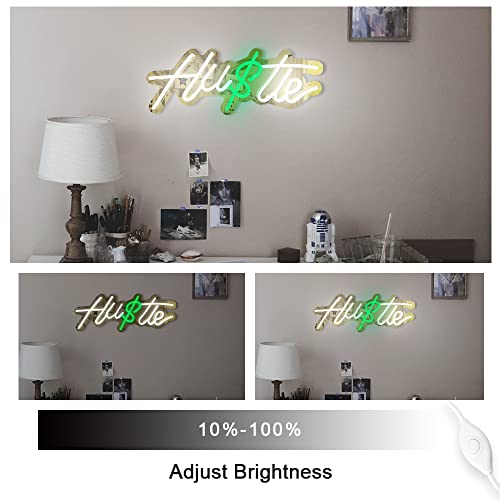 Hustle Neon Signs With Dimmer For Wall Decor, Neon Hustle Signs By 5V Usb Power, Gold Led Hustle Neon Sign For Bedroom Office,Shop Size 17X7Inches, White&Green By Colysor #TOP5