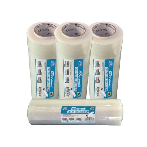 5Seconds 18" x 1500 Ft Stretch Film/Wrap (4 Rolls) – 7-Layer 80 Gauge Industrial Strength Shrink & Pallet Wrap, 20 Micron Clear Plastic Film for Moving, Packing, Shipping, Heavy-Duty, 800% Stretch