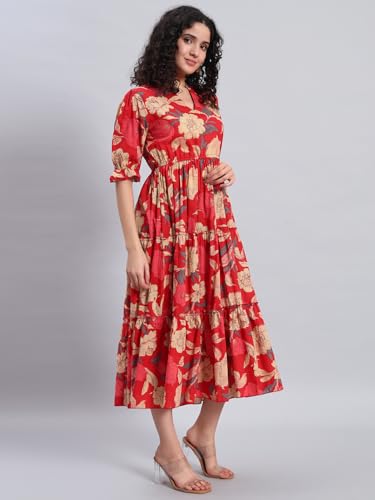 Image of PIDAVLIYA'S Women's Floral Summer Maxi Dress I Cotton Printed I One Piece Bodycon Midi Dress with V-Neck, Puffed Sleeves