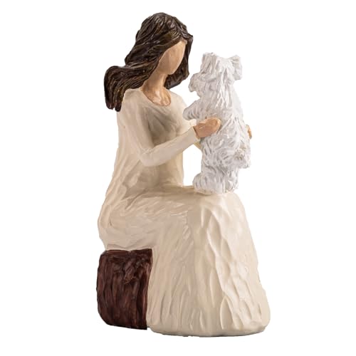 Elegondrar Woman with Dog Figurines Westie Gifts for Dog Lovers Ideal for Birthday Thanksgiving Christmas White Hand-Painted Sculpture for Home Office Tabletop Shelf Decor