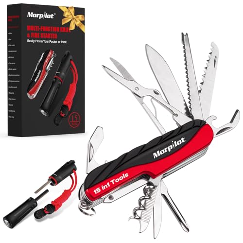 Morpilot 15 in 1 Multi Tools aus Edelstahl, Multifunktionswerkzeug, 4 in 1 Feuerstein, mit Schraubendreher, Pfeife, Säge und Compassrstein