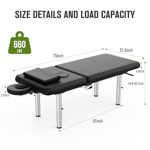 pouseayar Heavy Duty Stationary Massage Table with Adjustable Face Pillow and Stainless Steel Legs, Adjustable Backrest for Treatment, Physical Therapy, Spa Facial Professional Massage Bed - Black