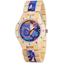 Japanese Quartz Womens Watch with Luminous Hands Lightweight Bamboo Wood Band & Unique Floral Print Wristwatch