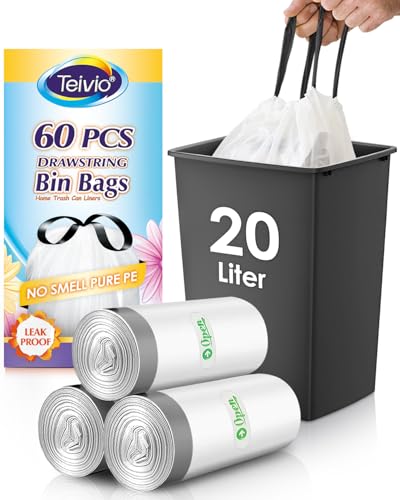 Teivio 20 Liter Small Bin Liners with Tie Tap, 60 Counts Strong Drawstring Pedal Bin Bags Fit 15-20L Trash Can, Waste Paper Bin Bags for Home Office Kitchen Bathroom Bedroom, White Toilet Rubbish Bag