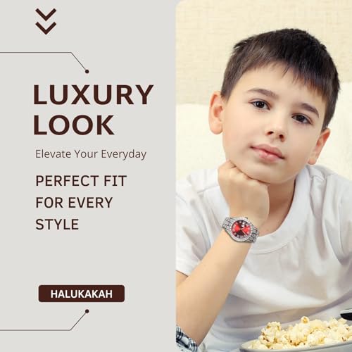 Image of Halukakah Diamonds Gold Watch Iced Out for Boy Teens Kids - 18K Real Gold /Platinum Plated,42mm Blue /Green /Red Dial,Japanese Quartz - 8 inch Length - Optional with Cuban Link Chain,with Watch Adjuster Tool