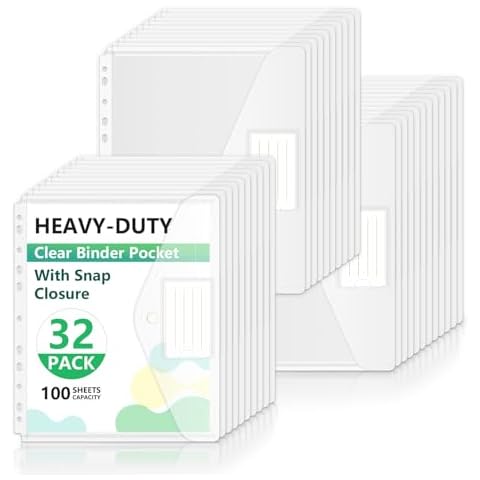 HOUYEE 32 Pack Clear Binder Pocket, 11 Holes Heavy-Duty Plastic Binder Pouch with Snap Closure for 2/3/4 Ring Binder, Clear Binder Folders for School Office, 8 Mil,100 Sheet Capacity, Letter Size Cover