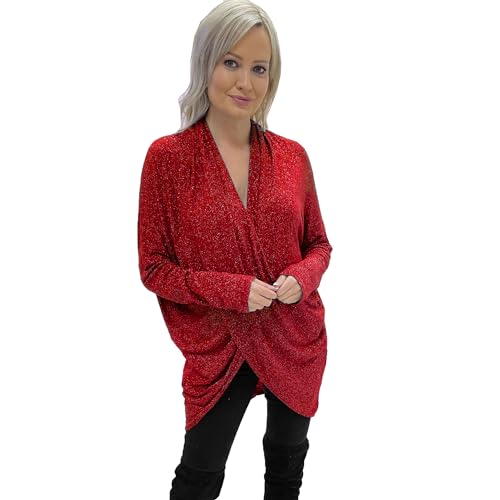 Want Clothing Women Glittery Lurex Sparkle Crossover Front Drape Neck Casual Wrapover Hi Lo Top Blouse (UK, Numeric, 14, 16, Regular, Regular, Red Glitter)