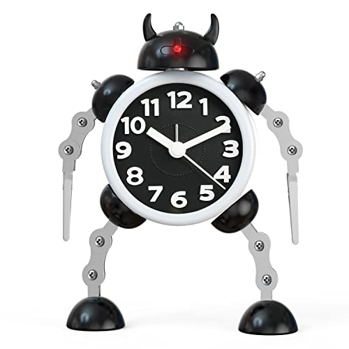 alarm clock robot - Juboos Robot Alarm Clock, Ultra-Quiet Non Ticking Analog Alarm Clock with Eye Light and Hand Clip Stainless Steel Metal (Black)