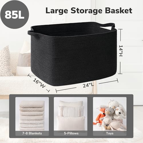 Goodpick Extra Large Storage Basket, 23.6" x 15.7" x 13.8" Rectangle Cotton Rope Basket for Blankets, Pillows, Toys, Woven Dirty Clothes Baskets for Laundry, Black